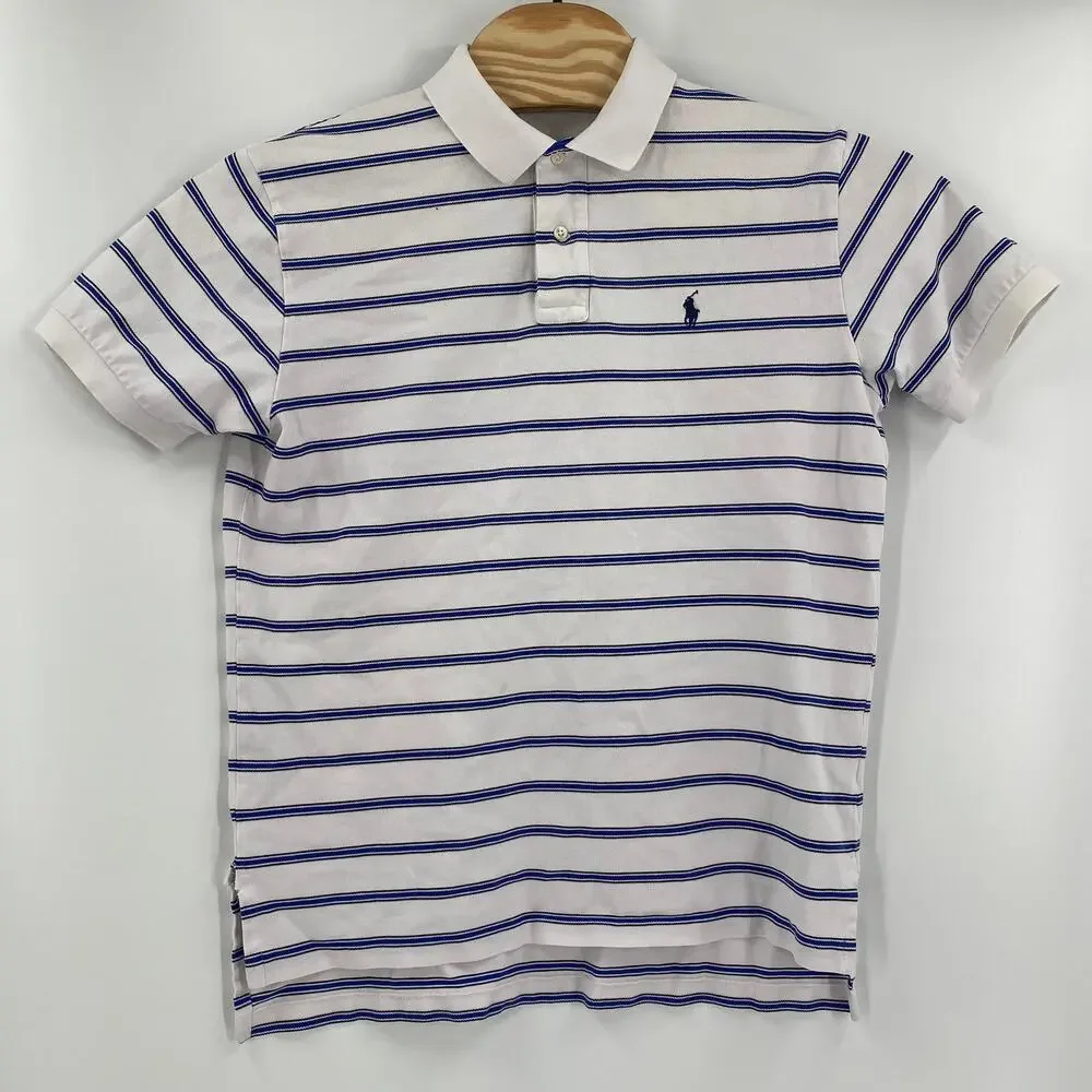 Polo Ralph‎ Lauren Large White Blue Striped Short Sleeve Cotton Polo Shirt